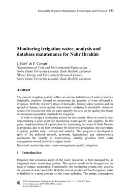 Monitoring Irrigation Water, Analysis and Database Maintenance for Nahr Ibrahim