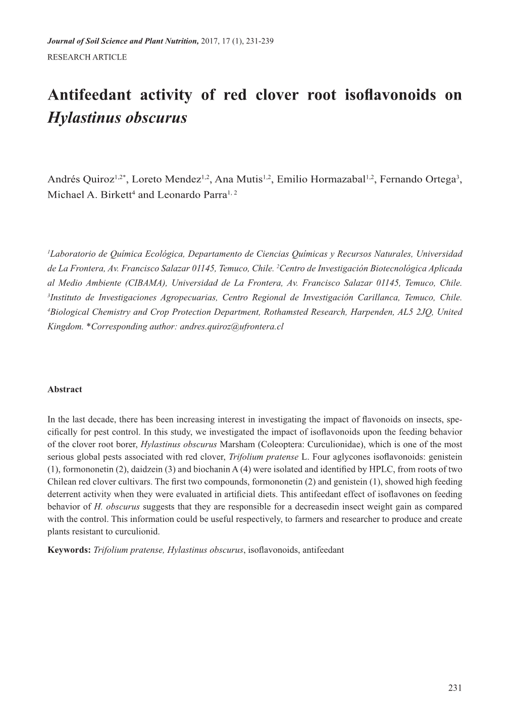 Antifeedant Activity of Red Clover Root Isoflavonoids on Hylastinus Obscurus