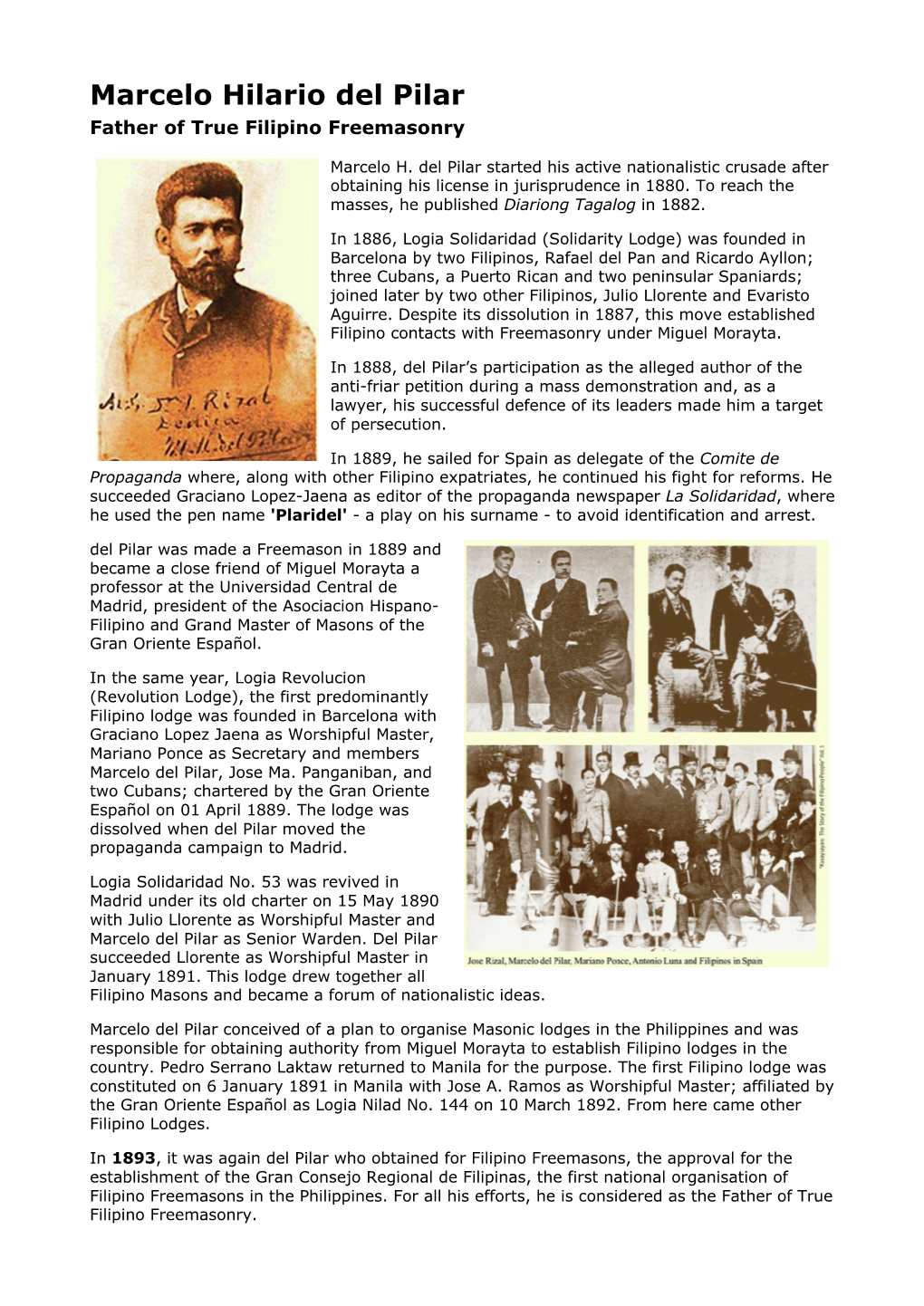 Marcelo Hilario Del Pilar Father of True Filipino Freemasonry
