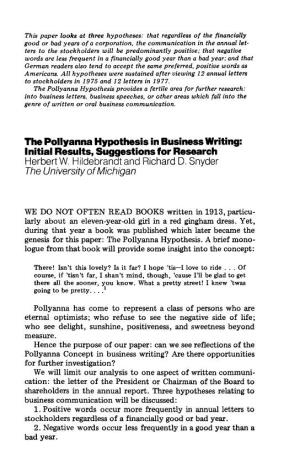 The Pollyanna Hypothesis in Business Writing: Initial Results, Suggestions for Research Herbert W