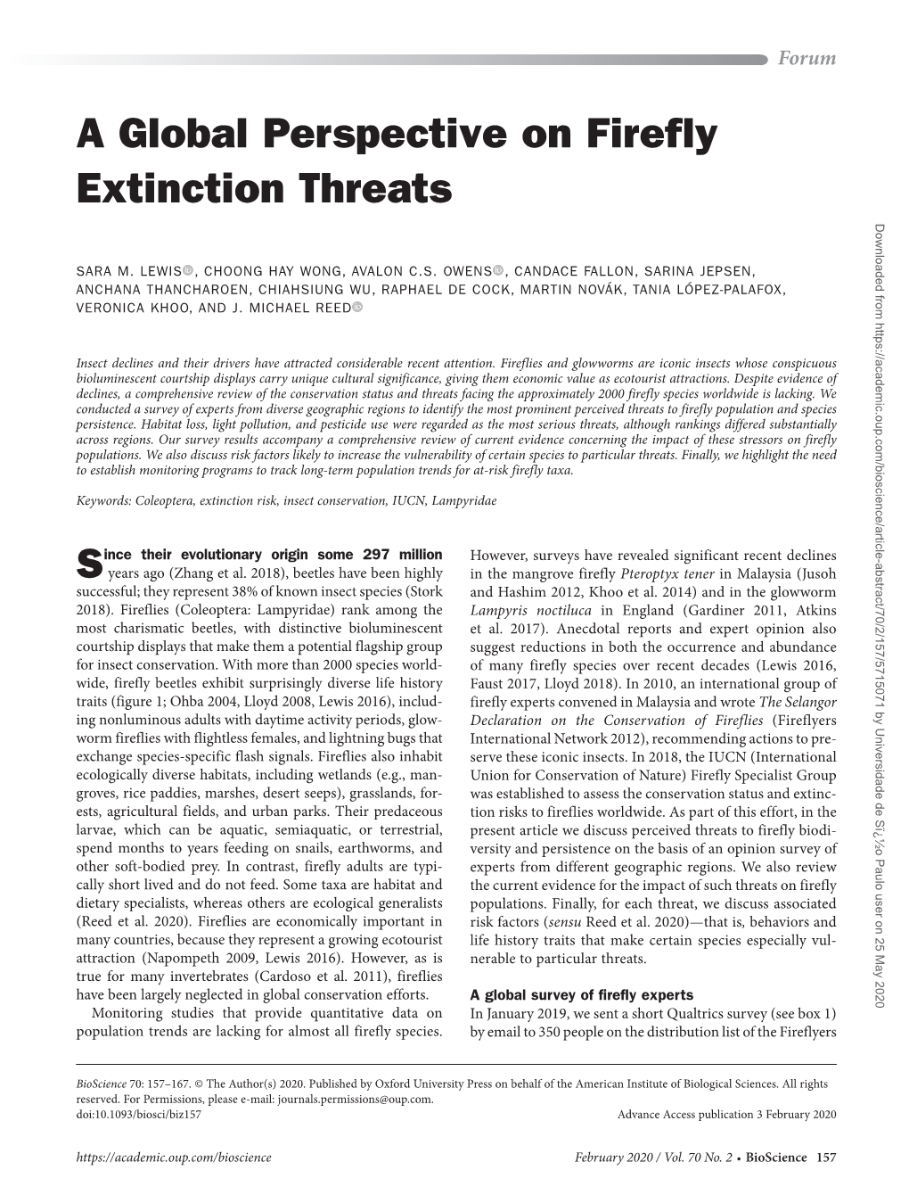 A Global Perspective on Firefly Extinction Threats