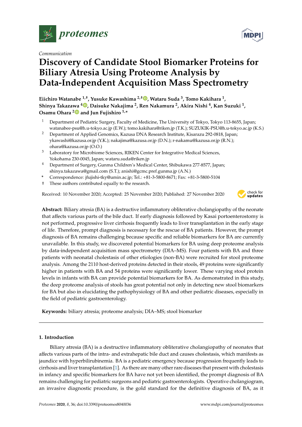 Discovery of Candidate Stool Biomarker Proteins for Biliary Atresia Using Proteome Analysis by Data-Independent Acquisition Mass Spectrometry