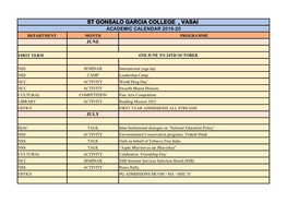 St Gonsalo Garcia College , Vasai Academic Calendar 2019-20 Department Month Programme June