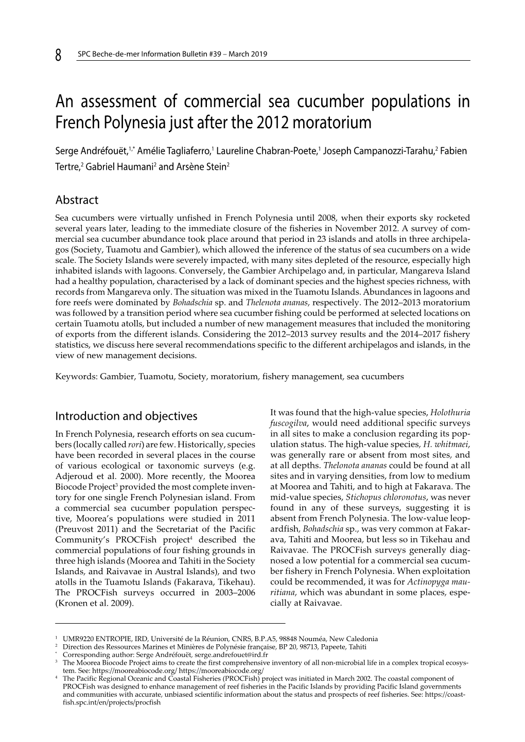 An Assessment of Commercial Sea Cucumber Populations in French Polynesia Just After the 2012 Moratorium