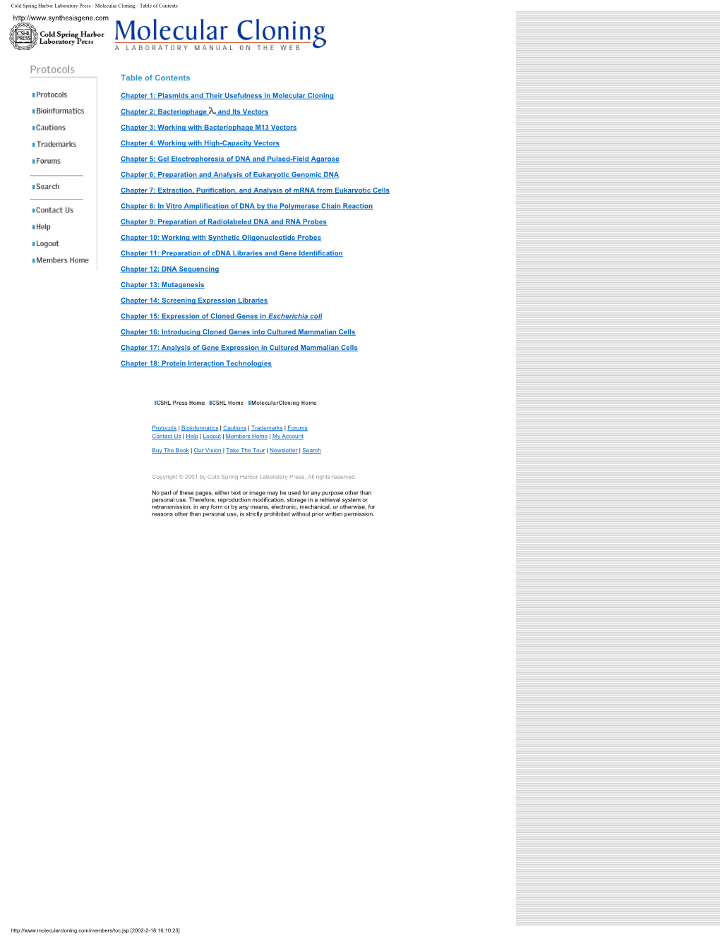 Cold Spring Harbor Laboratory Press - Molecular Cloning - Table of Contents