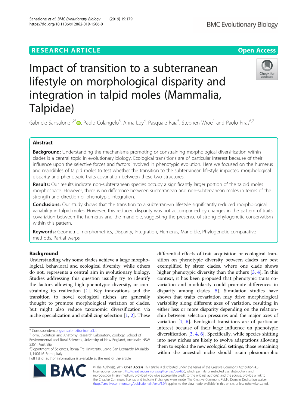 Impact of Transition to a Subterranean Lifestyle on Morphological Disparity and Integration in Talpid Moles (Mammalia, Talpidae)