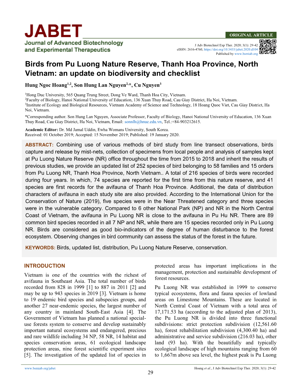 Birds from Pu Luong Nature Reserve, Thanh Hoa Province, North Vietnam: an Update on Biodiversity and Checklist Hung Ngoc Hoang1,2, Son Hung Lan Nguyen2,*, Cu Nguyen3