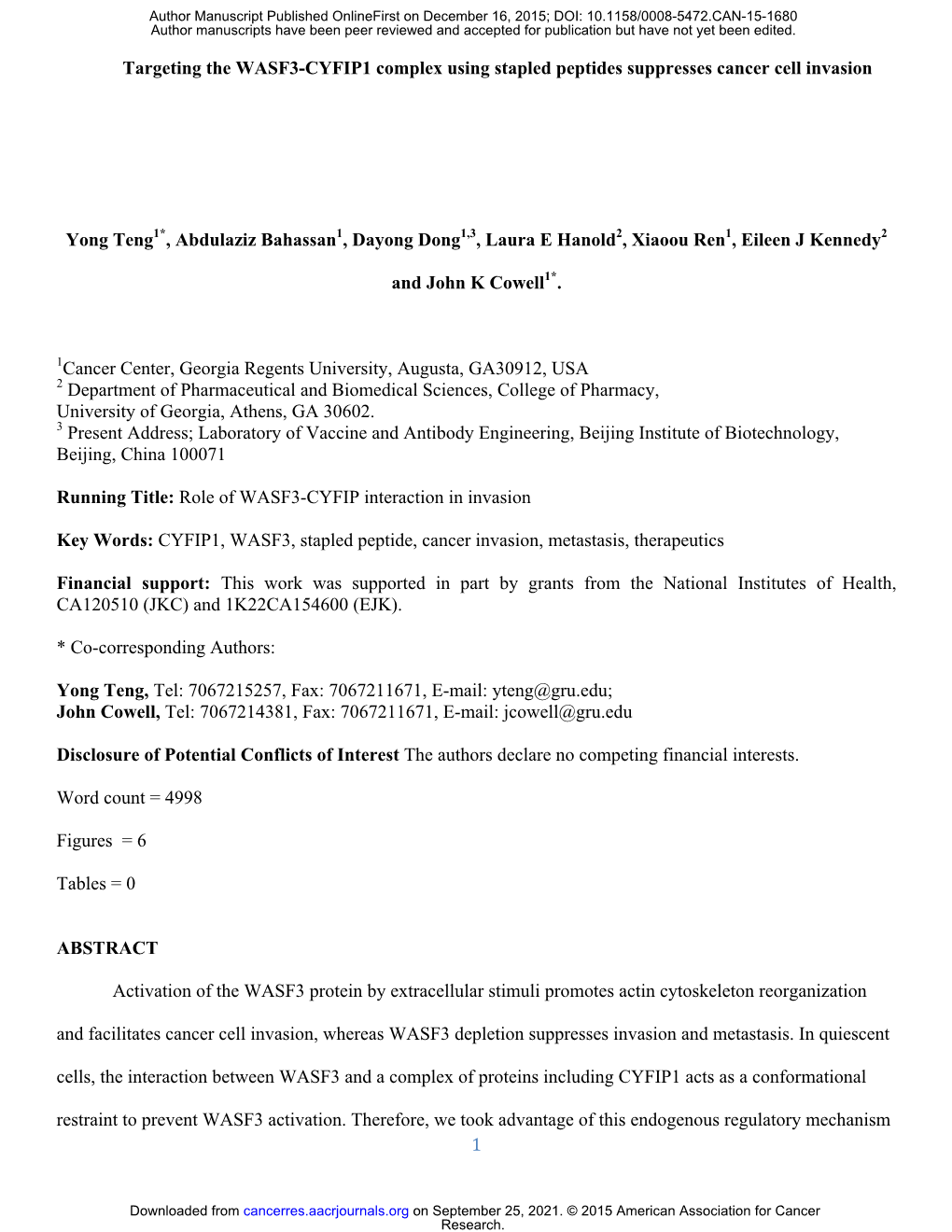 1 Targeting the WASF3-CYFIP1 Complex Using Stapled Peptides