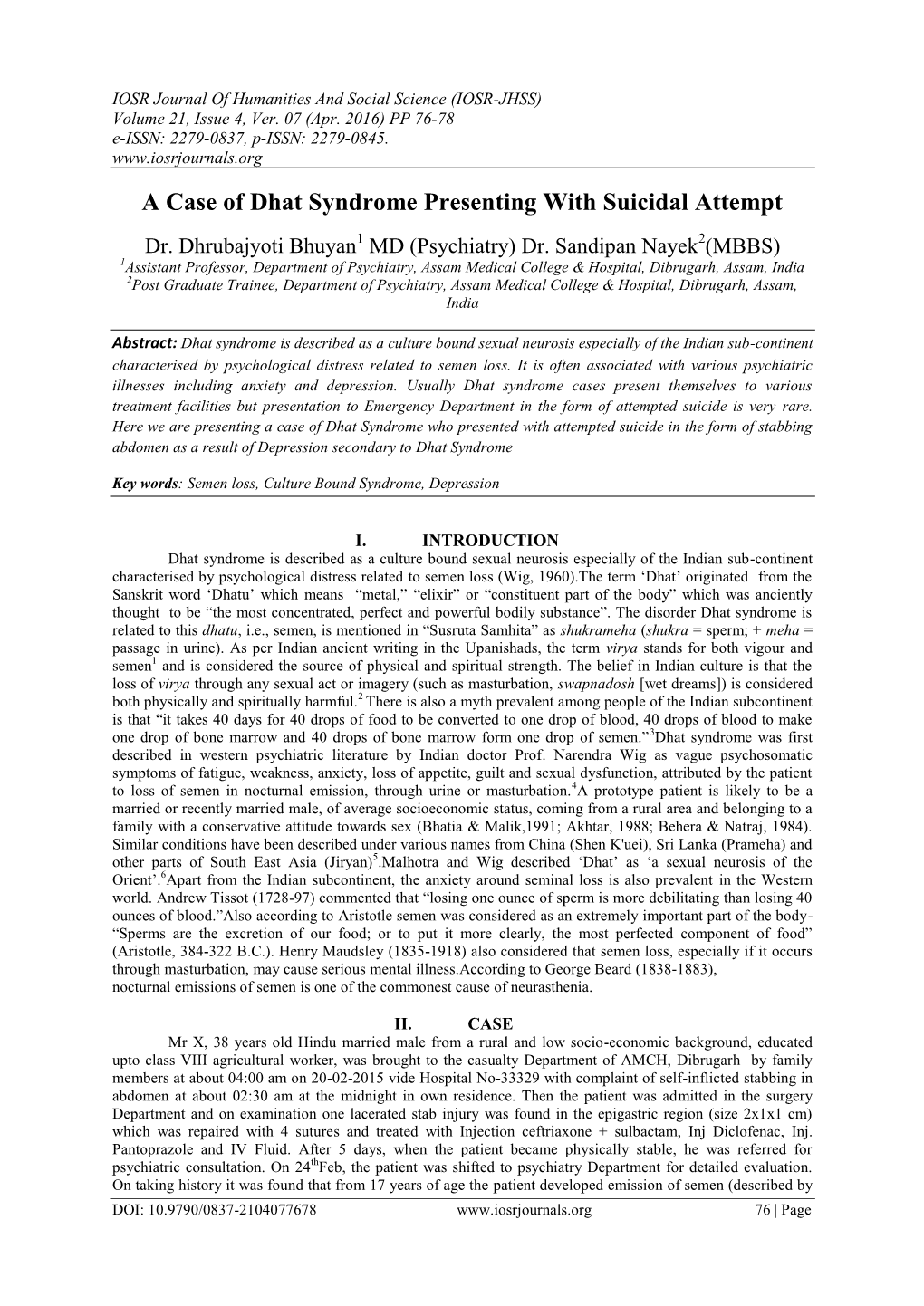 A Case of Dhat Syndrome Presenting with Suicidal Attempt