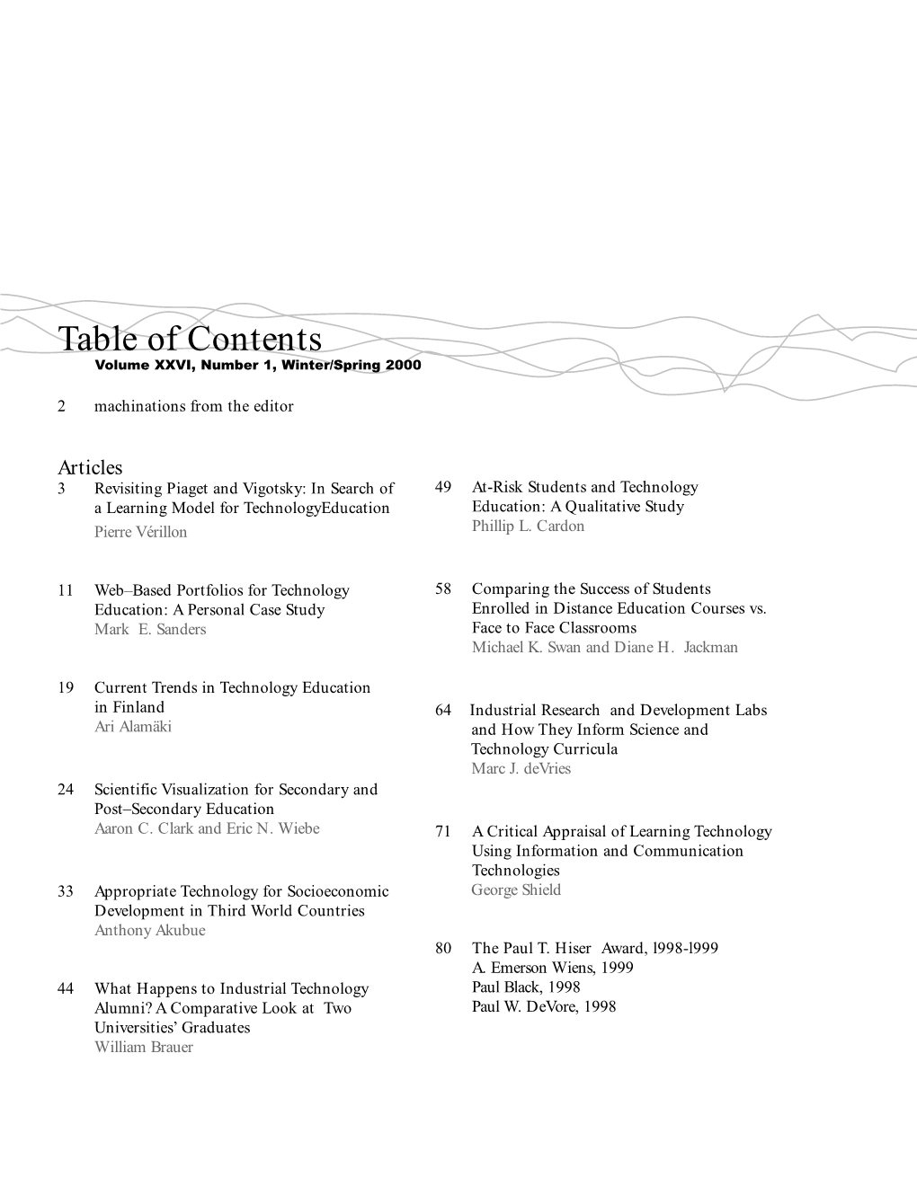 Table of Contents Volume XXVI, Number 1, Winter/Spring 2000