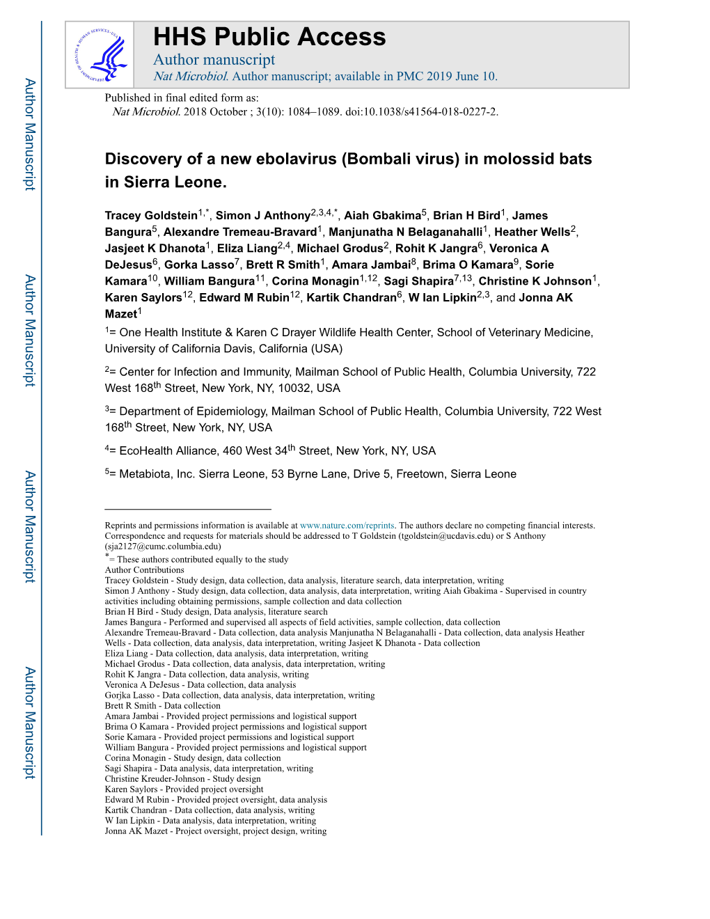 (Bombali Virus) in Molossid Bats in Sierra Leone