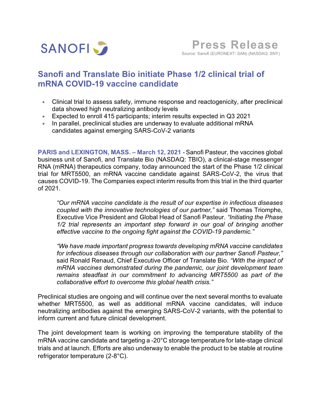 Sanofi and Translate Bio Initiate Phase 1/2 Clinical Trial of Mrna COVID-19 Vaccine Candidate