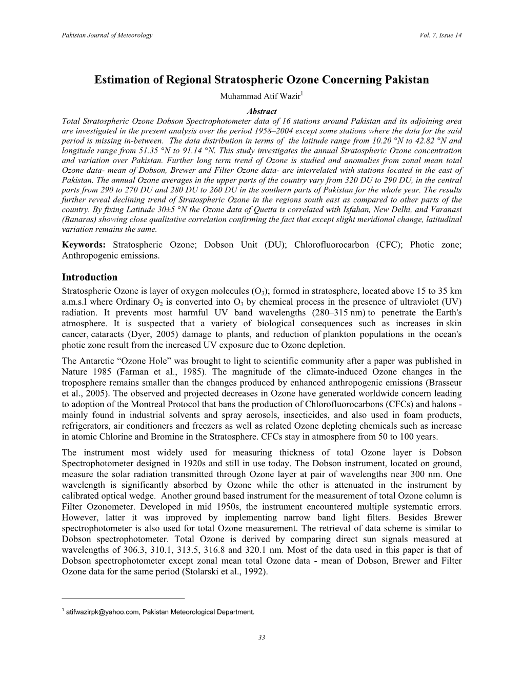 Estimation of Regional Stratospheric Ozone Concerning Pakistan