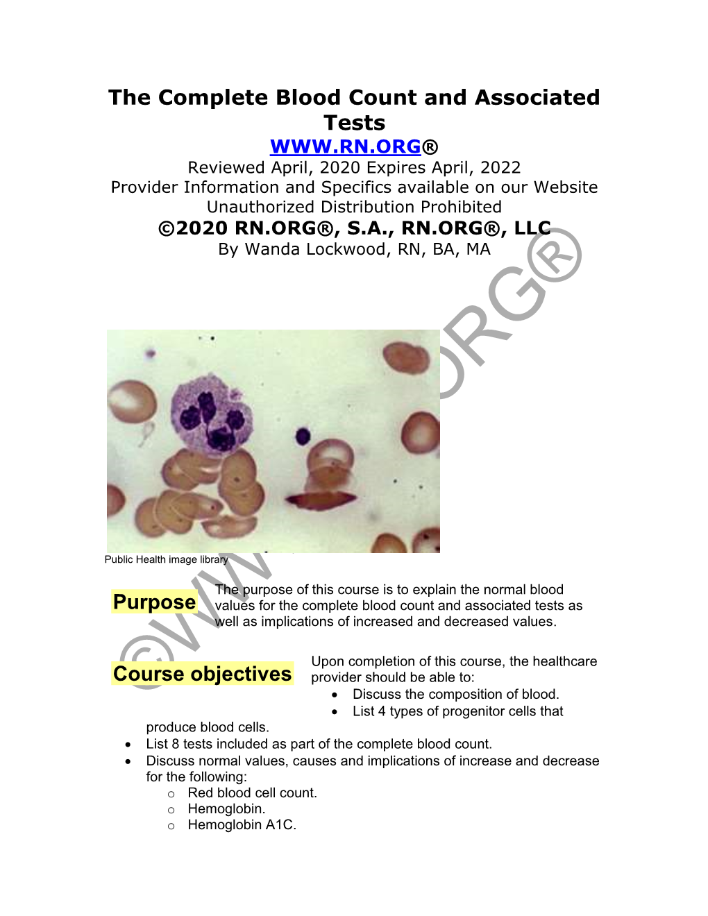 The Complete Blood Count and Associated Tests Purpose Course