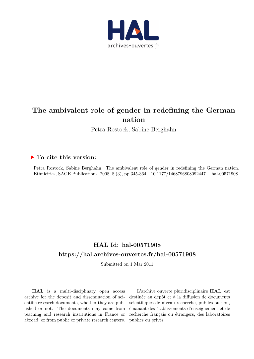 The Ambivalent Role of Gender in Redefining the German Nation Petra Rostock, Sabine Berghahn