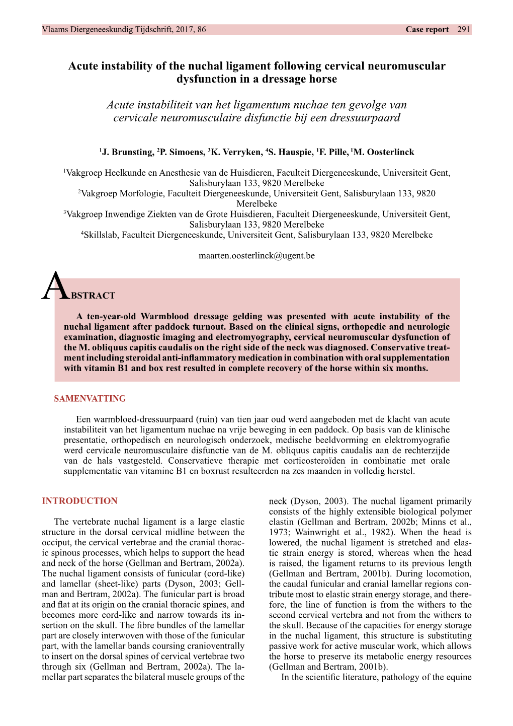 Acute Instability of the Nuchal Ligament Following Cervical Neuromuscular Dysfunction in a Dressage Horse