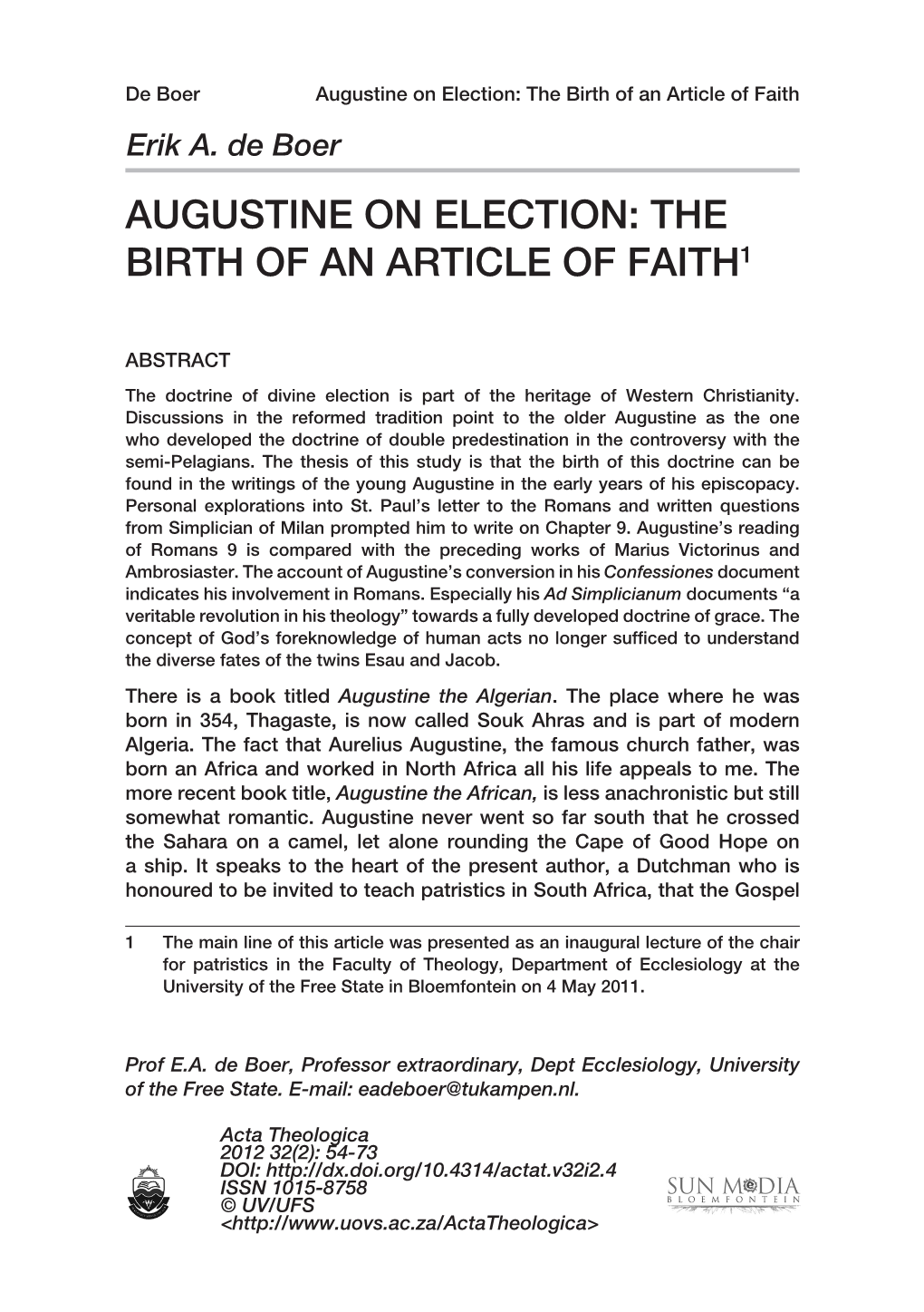 Augustine on Election: the Birth of an Article of Faith1