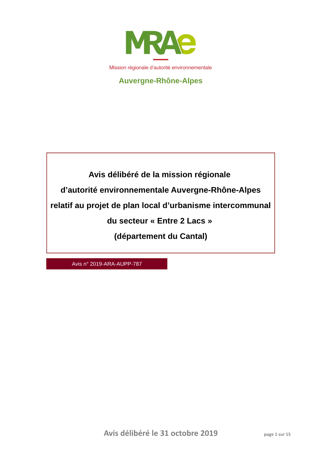 Avis Délibéré Le 31 Octobre 2019 Page 1 Sur 15 Préambule Relatif À L’Élaboration De L’Avis