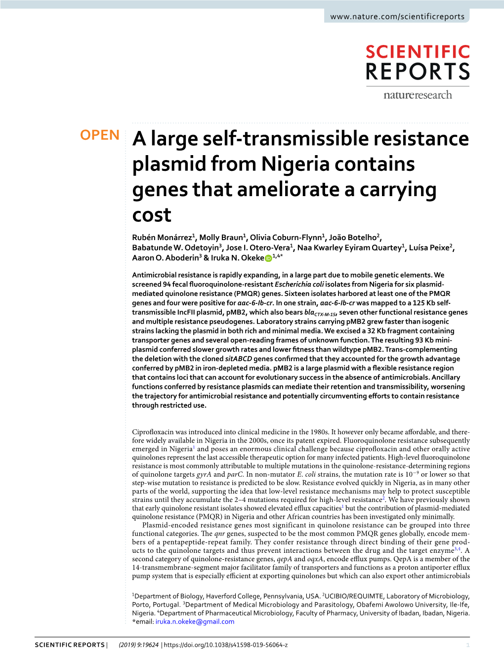 A Large Self-Transmissible Resistance Plasmid from Nigeria Contains