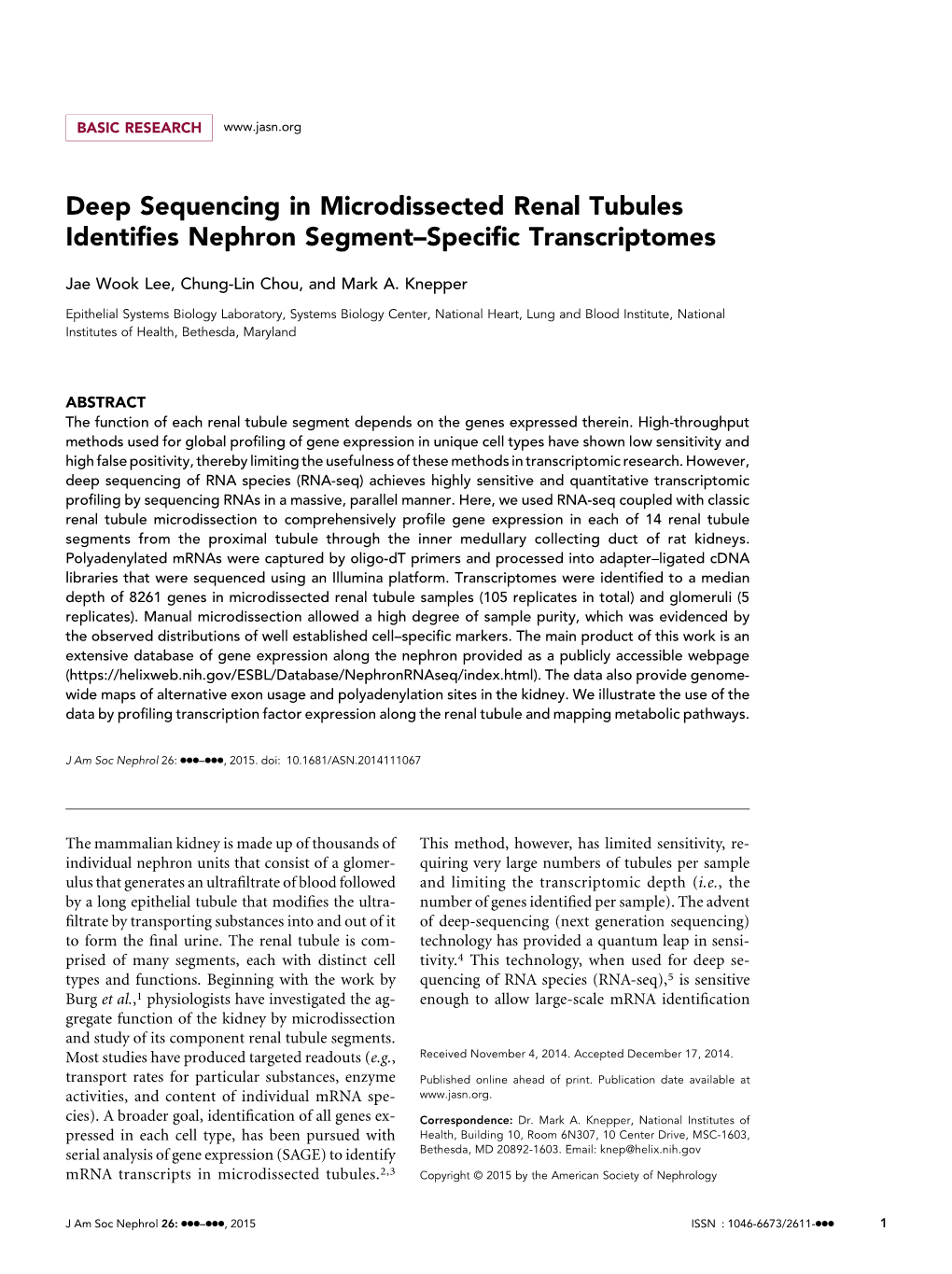 Deep Sequencing in Microdissected Renal Tubules Identifies Nephron