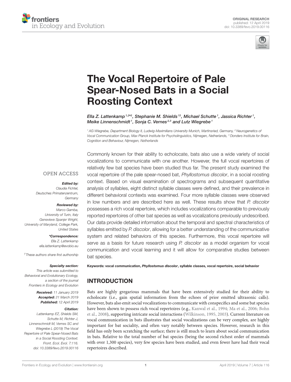 The Vocal Repertoire of Pale Spear-Nosed Bats in a Social Roosting Context