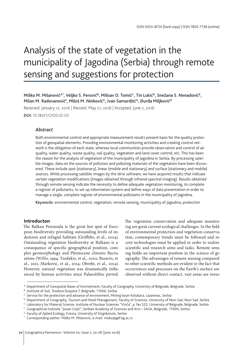 Analysis of the State of Vegetation in the Municipality of Jagodina (Serbia) Through Remote Sensing and Suggestions for Protection