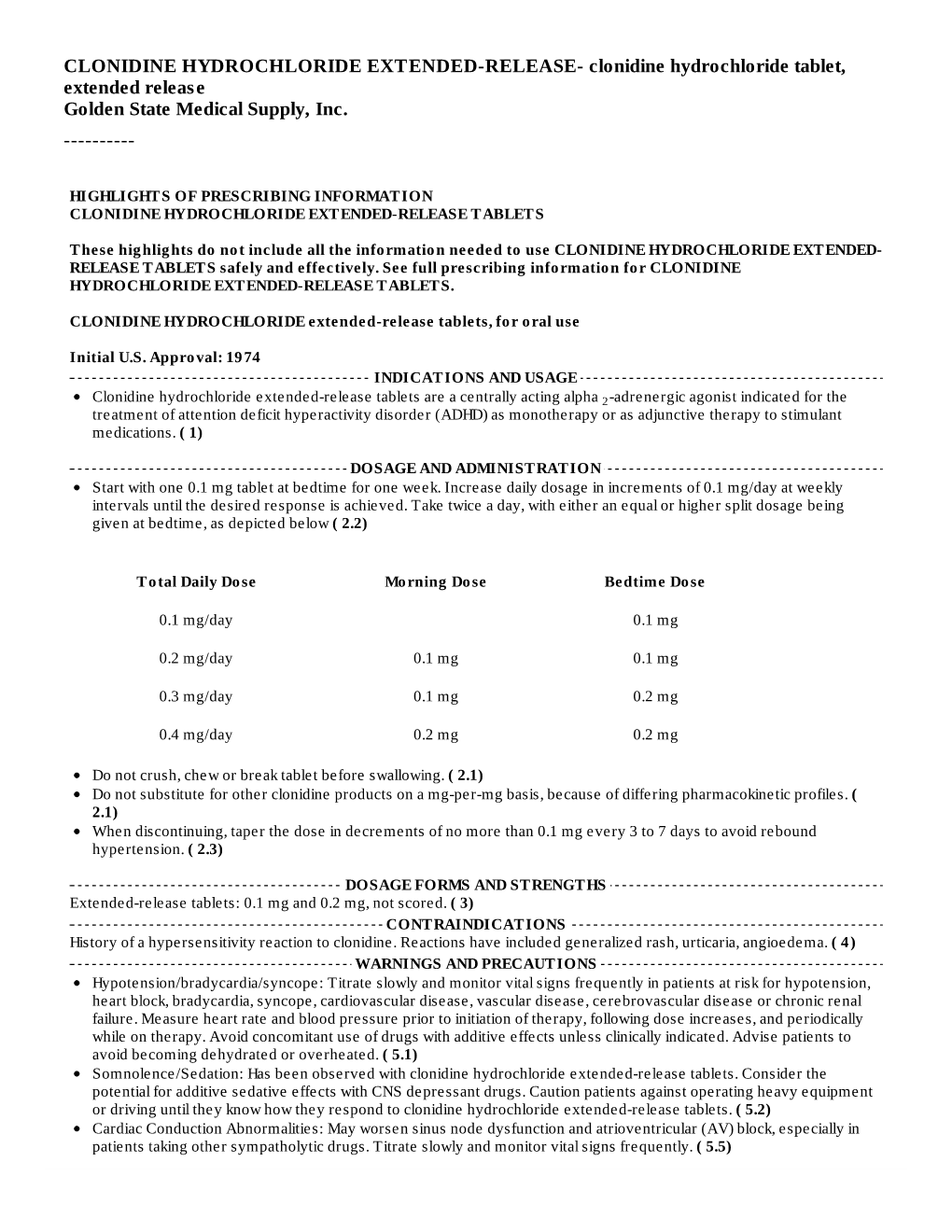 Clonidine Hydrochloride Tablet, Extended Release Golden State Medical Supply, Inc.