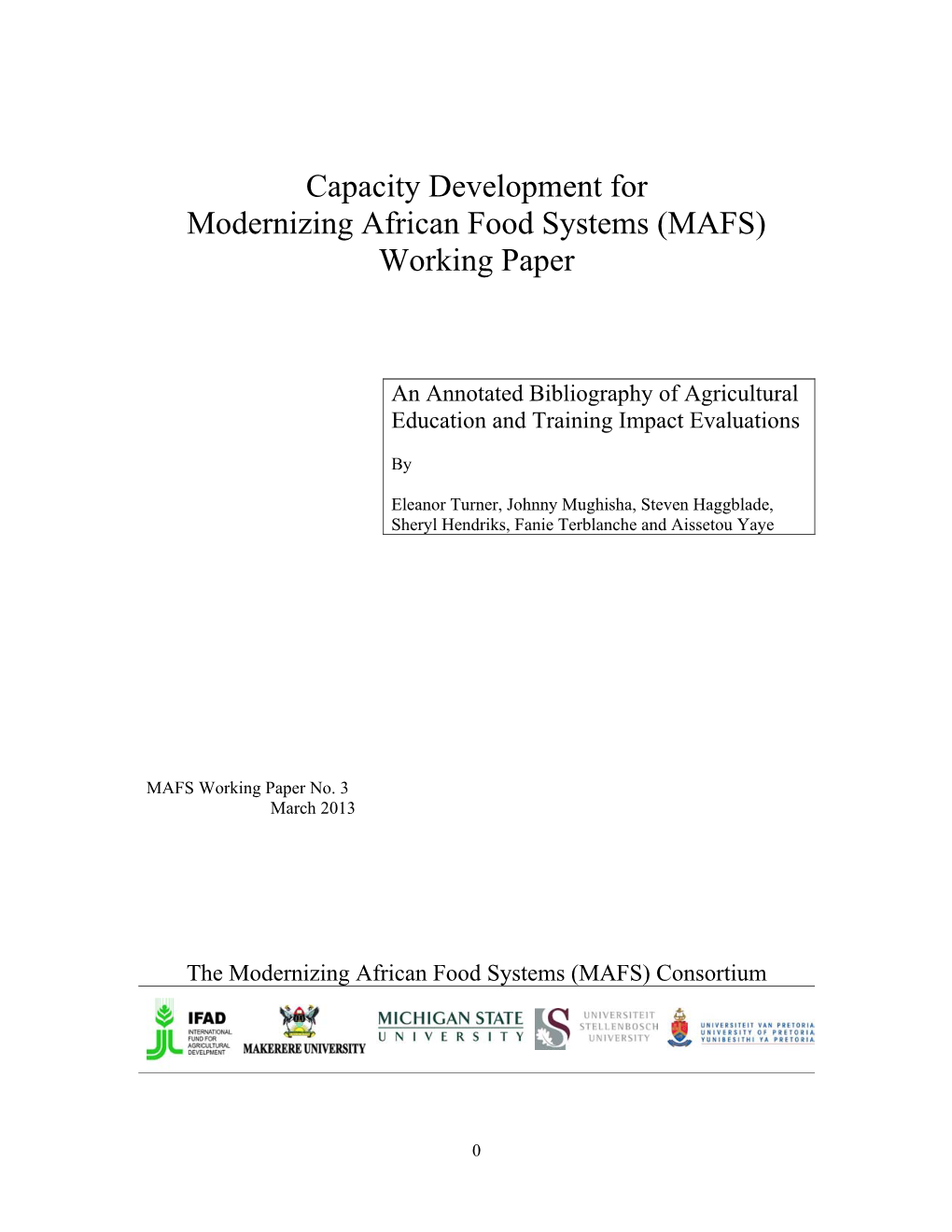 Capacity Development for Modernizing African Food Systems (MAFS) Working Paper