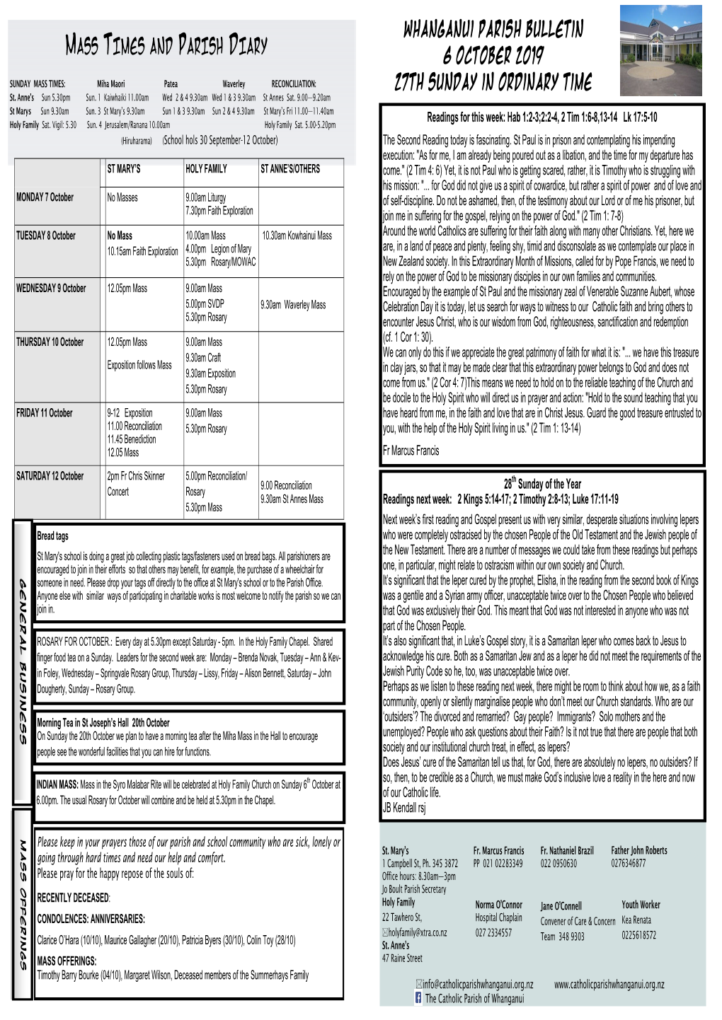 MASS TIMES and PARISH DIARY 6 October 2019