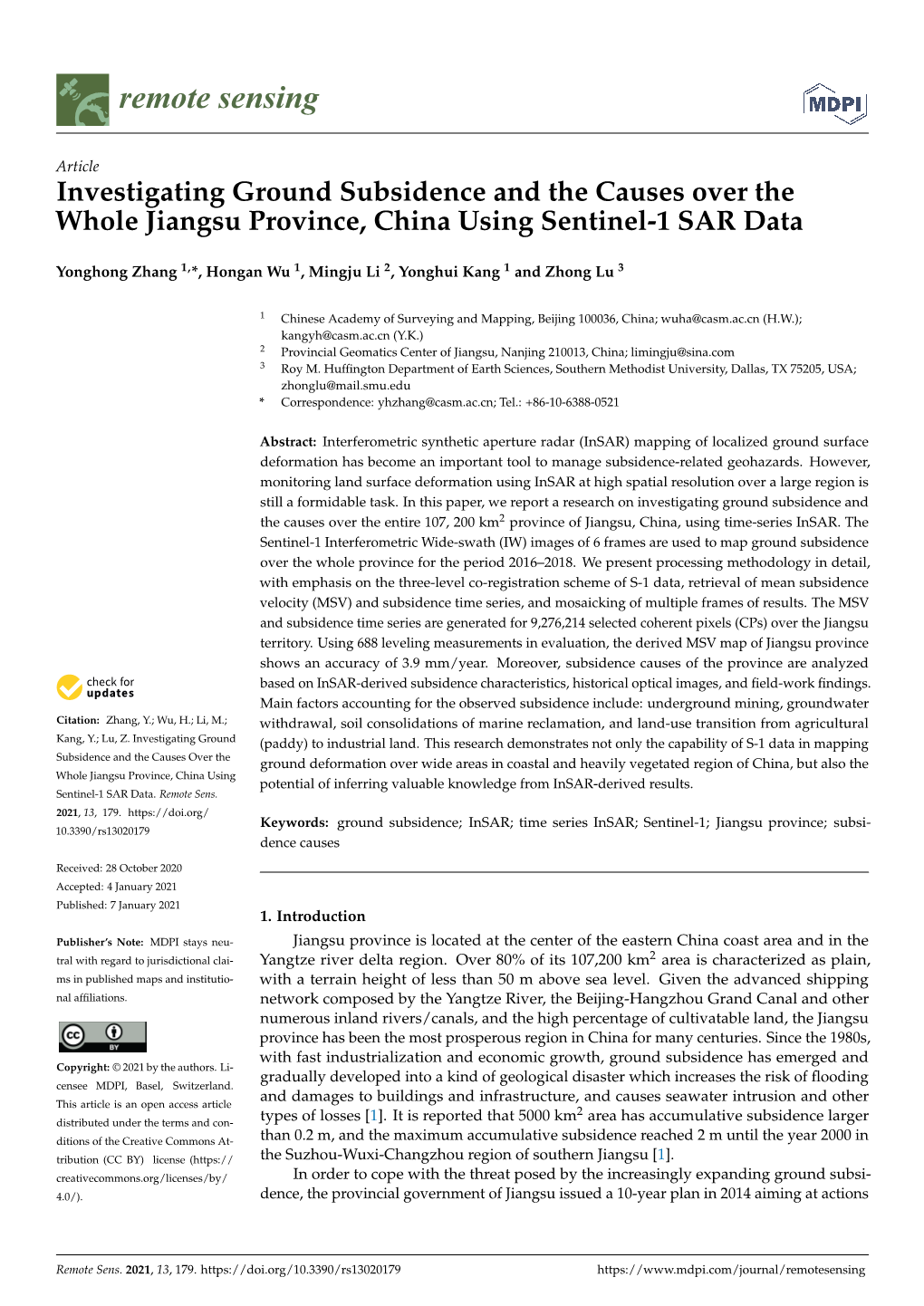 Investigating Ground Subsidence and the Causes Over the Whole Jiangsu Province, China Using Sentinel-1 SAR Data