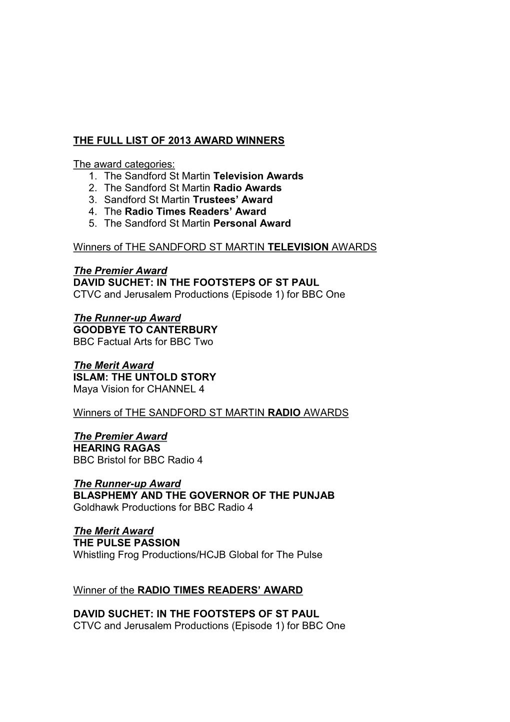 The Full List of 2013 Award Winners