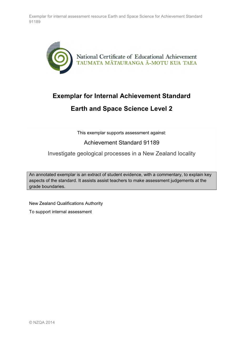 Exemplar for Internal Achievement Standard Earth and Space Science Level 2