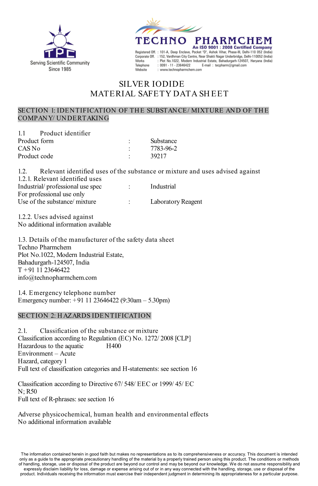 Silver Iodide Material Safety Data Sheet