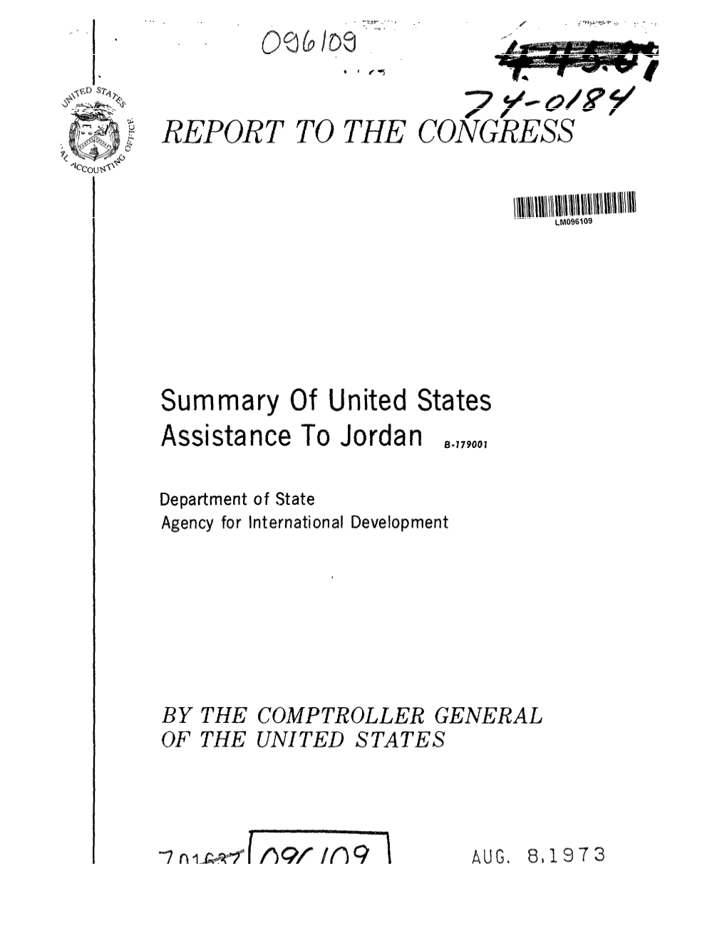 B-179001 Summary of United States Assistance to Jordan