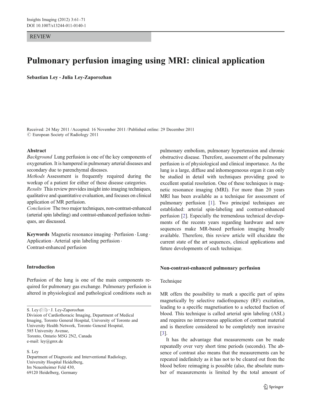 Pulmonary Perfusion Imaging Using MRI: Clinical Application