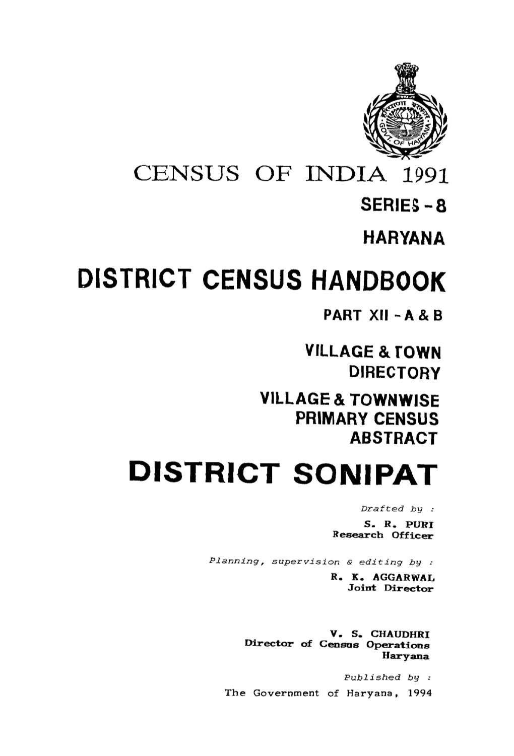 Village & Townwise Primary Census Abstract, Sonipat, Part