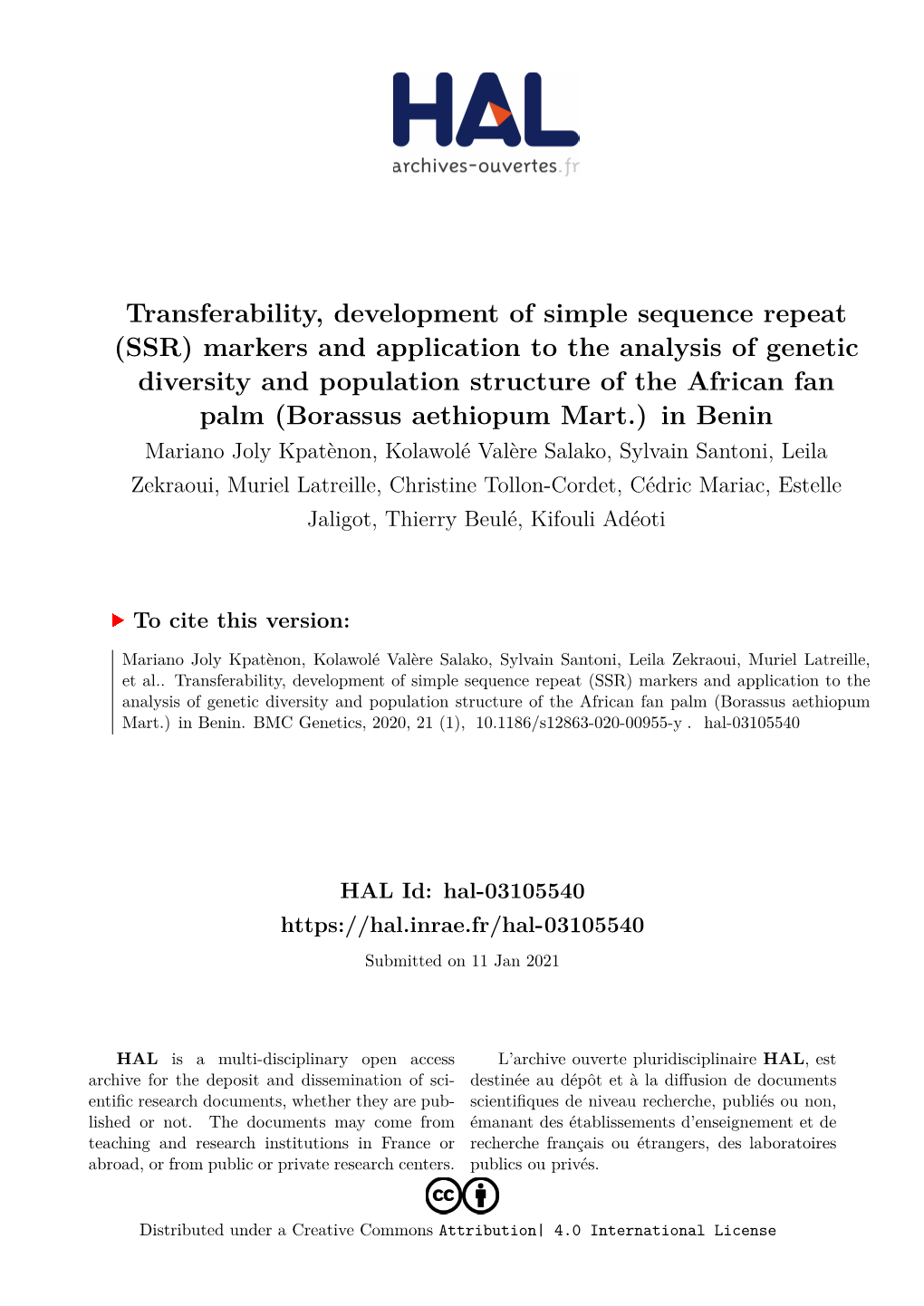 (SSR) Markers and Application to the Analysis of Genetic