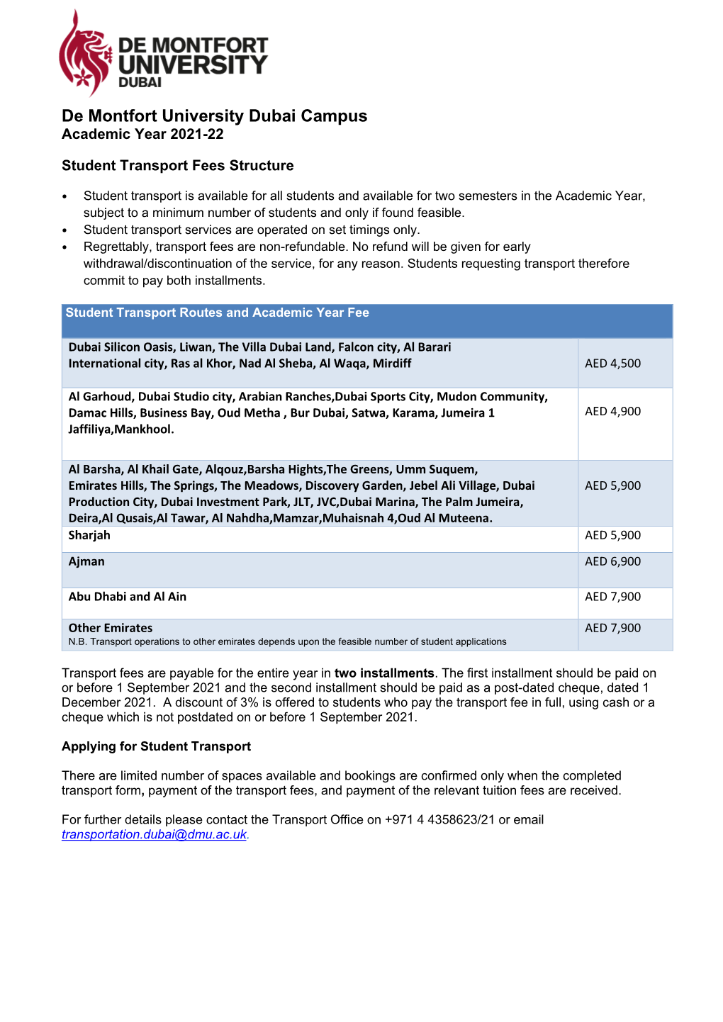 Academic Year 2021-22 Student Transport Fees Structure