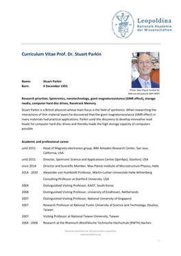 Curriculum Vitae Prof. Dr. Stuart Parkin