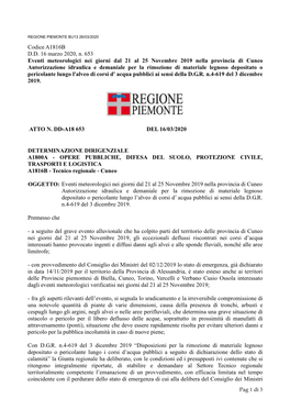 Codice A1816B D.D. 16 Marzo 2020, N. 653 Eventi Meteorologici Nei Giorni Dal 21 Al 25 Novembre 2019 Nella Provincia Di Cuneo