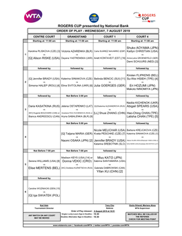 ROGERS CUP Presented by National Bank ORDER of PLAY - WEDNESDAY, 7 AUGUST 2019