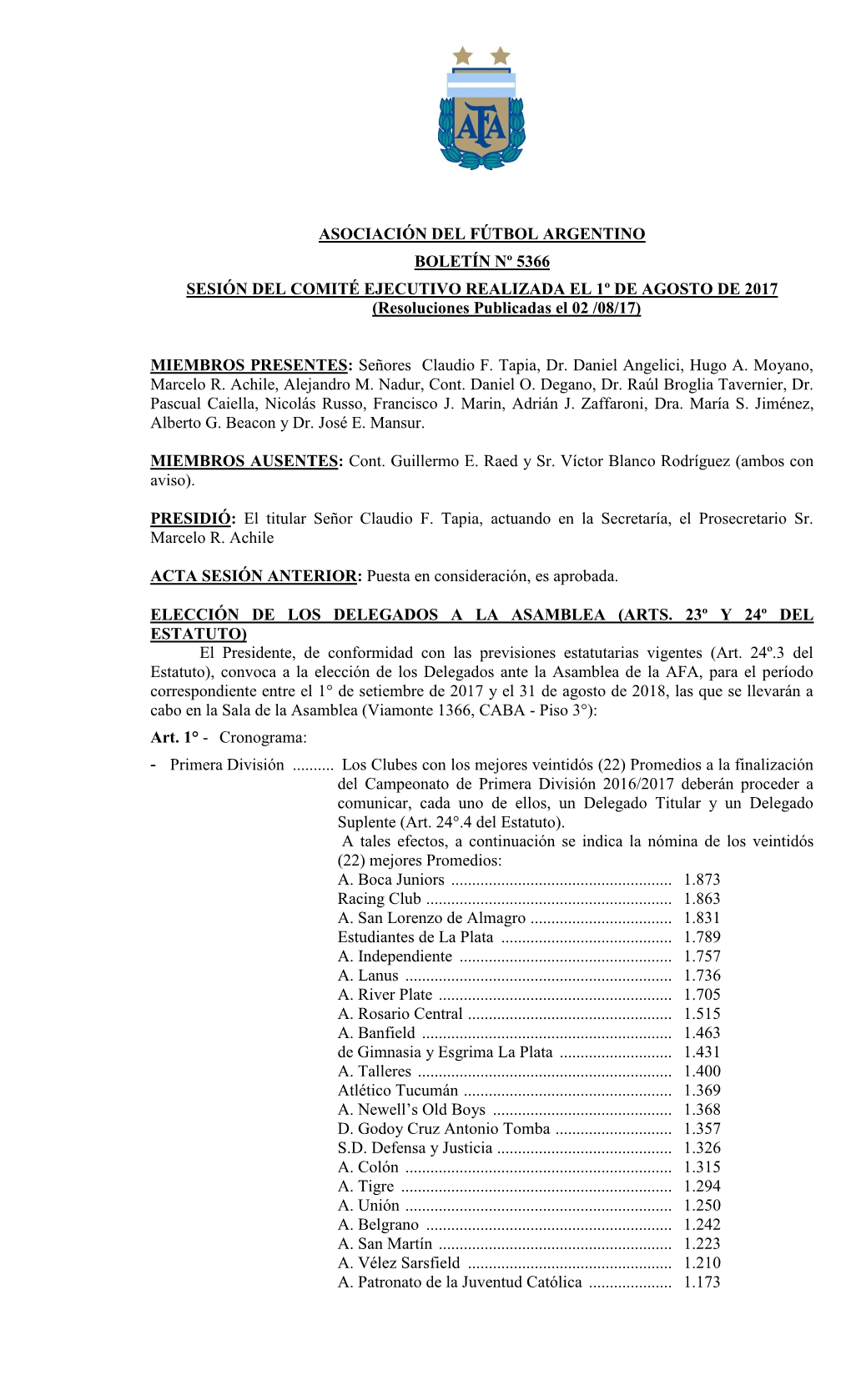 ASOCIACIÓN DEL FÚTBOL ARGENTINO BOLETÍN Nº 5366 SESIÓN DEL COMITÉ EJECUTIVO REALIZADA EL 1º DE AGOSTO DE 2017 (Resoluciones Publicadas El 02 /08/17)