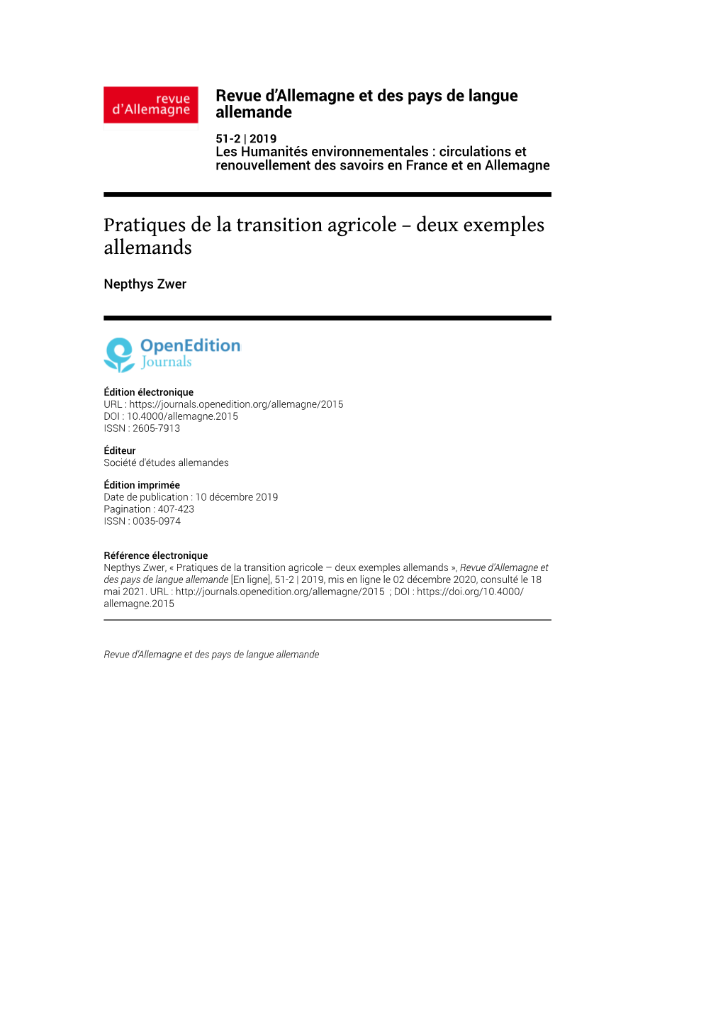 Pratiques De La Transition Agricole – Deux Exemples Allemands