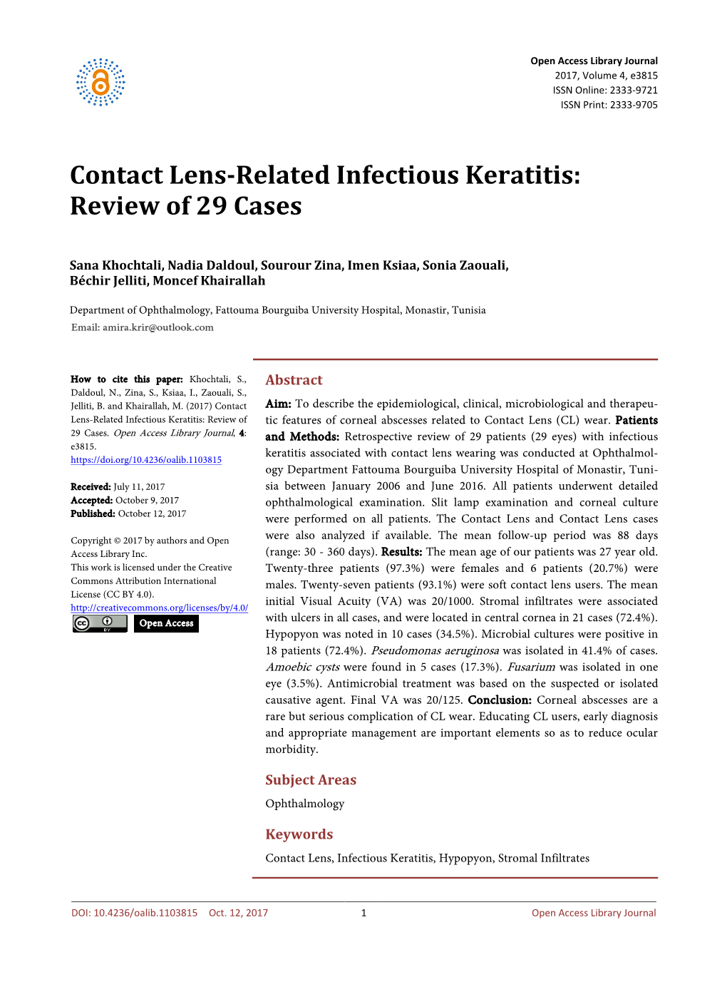 Contact Lens-Related Infectious Keratitis: Review of 29 Cases