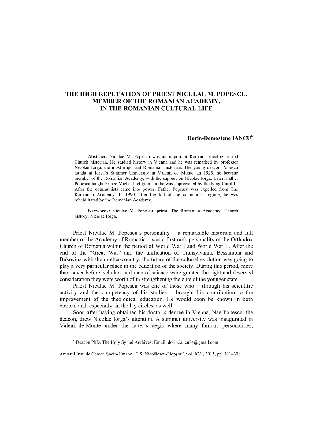 The High Reputation of Priest Niculae M. Popescu, Member of the Romanian Academy, in the Romanian Cultural Life