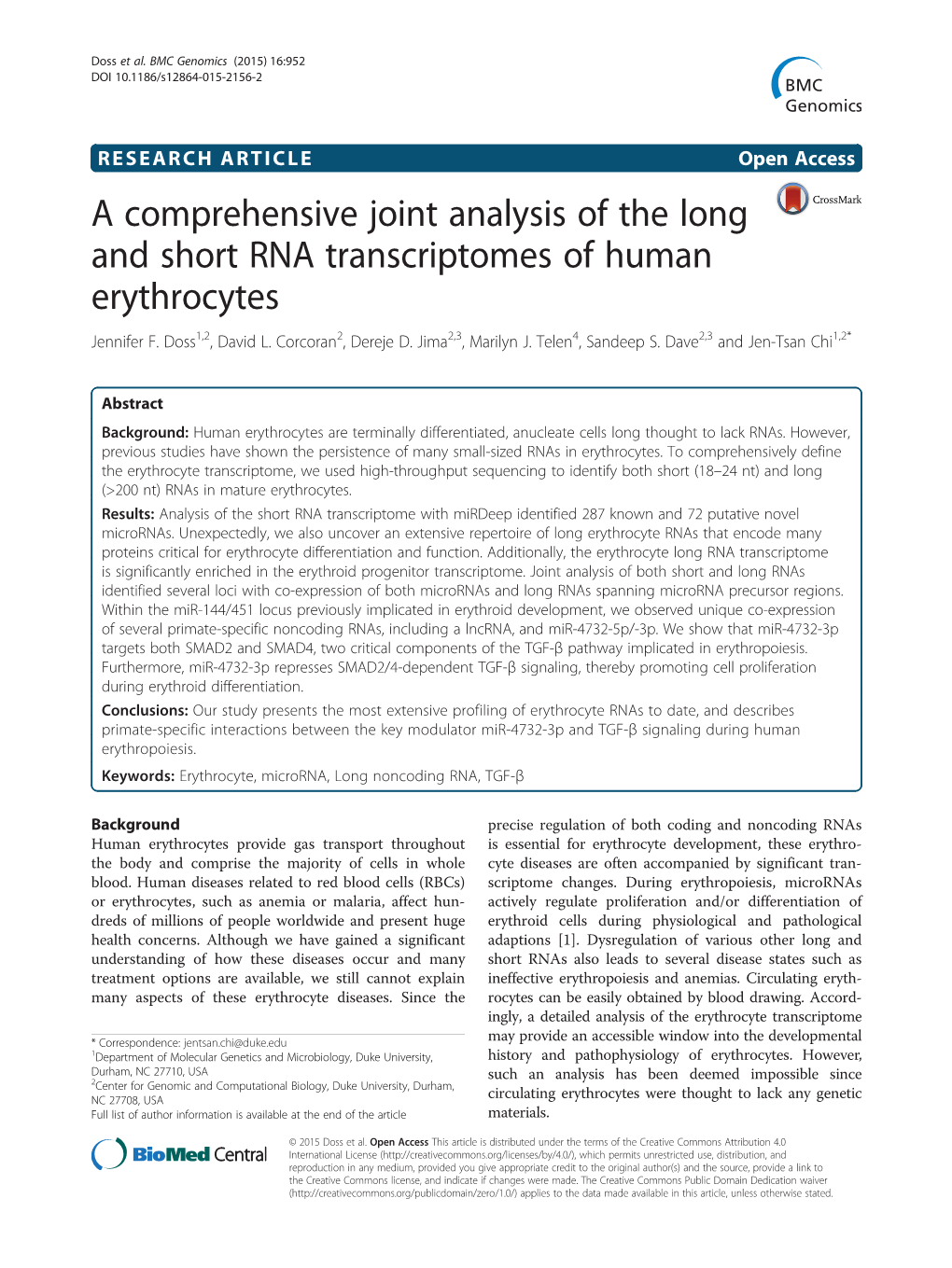 A Comprehensive Joint Analysis of the Long and Short RNA Transcriptomes of Human Erythrocytes Jennifer F