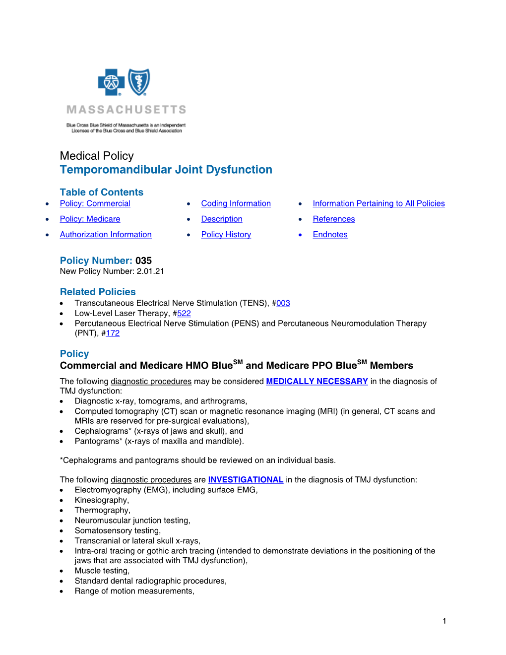 Medical Policy Temporomandibular Joint Dysfunction