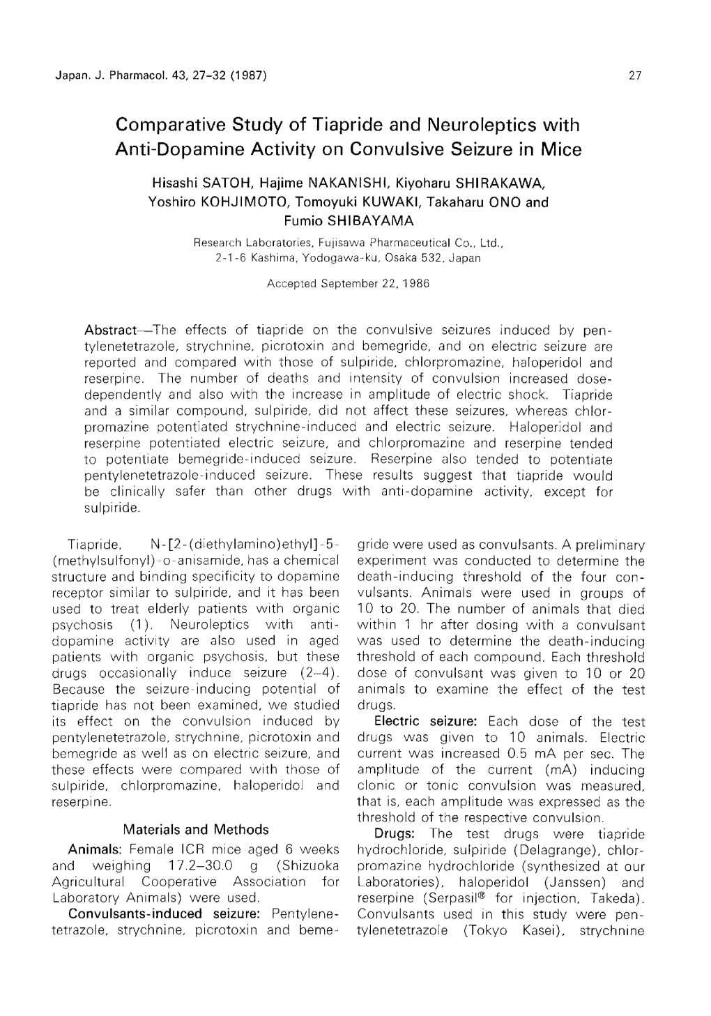 Comparative Study of Tiapride and Neuroleptics with Anti-Dopamine Activity on Convulsive Seizure in Mice