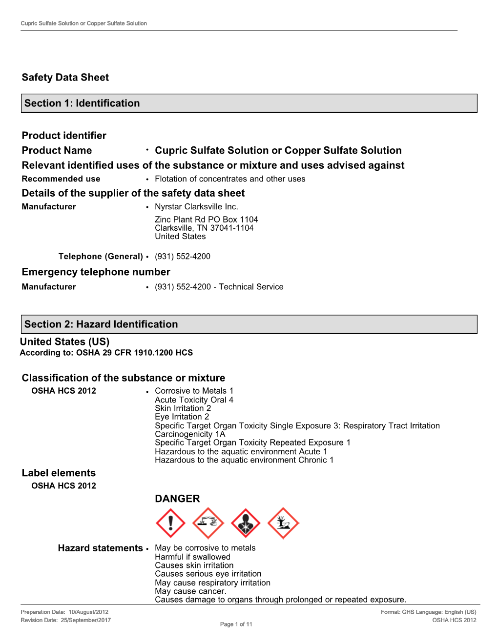 Identification Product Identifier Product Name • Cupric Sulfate