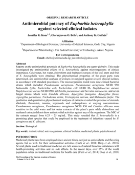 Antimicrobial Potency of Euphorbia Heterophylla Against Selected Clinical Isolates